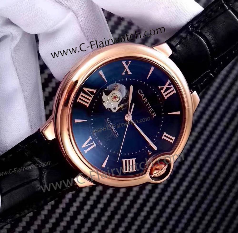 Fake Cartier Ballon Bleu Tourbillon Watch /Rose Gold Black Dial